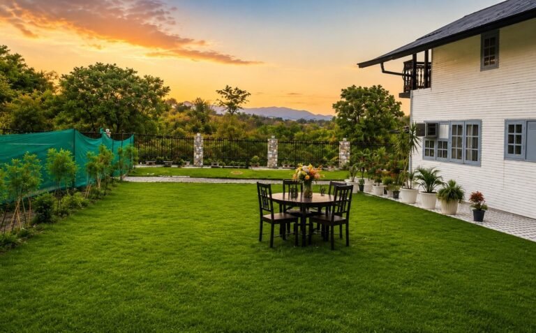 Villa exterior and garden at sunset at Amar Villas Dehradun by Around Stays