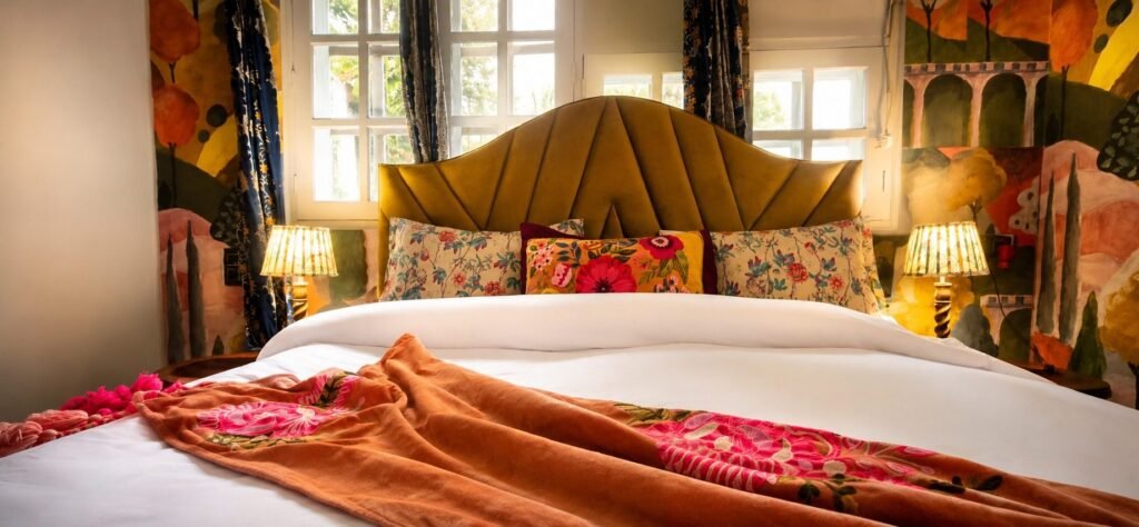 Bedroom with carved headboard and colourful murals at Amar Villas Dehradun by Around Stays