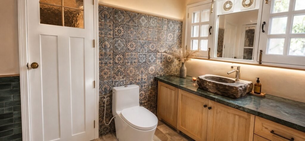 Bathroom with wooden vanity and patterned tiles at Amar Villas Dehradun by Around Stays