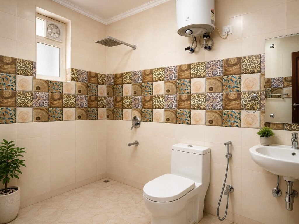 Bathroom with patterned tiles at Hotel Foothill by Around Stays