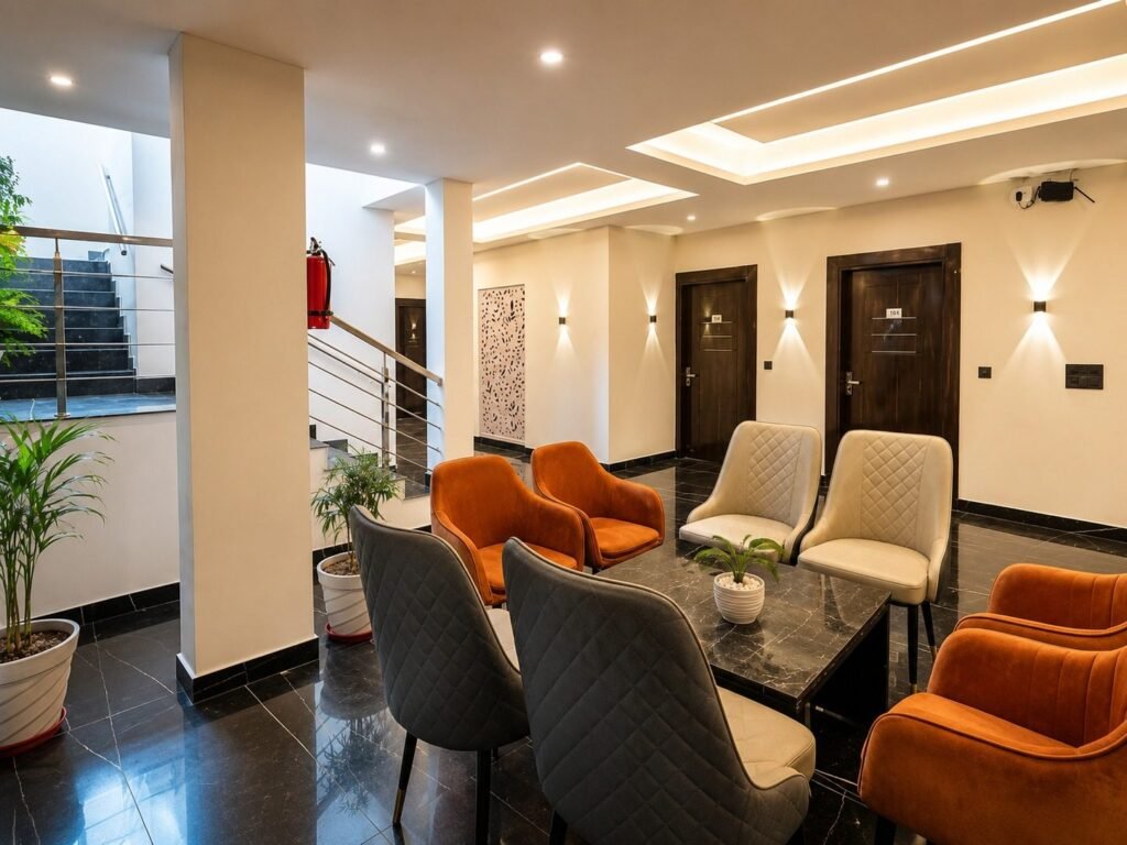 Bright lobby lounge at Hotel Foothill by Around Stays