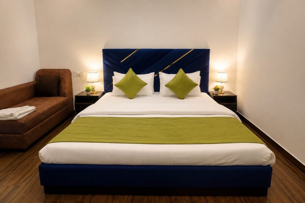 Double room with sofa and warm lighting at Hotel Kedar Inn by Around Stays