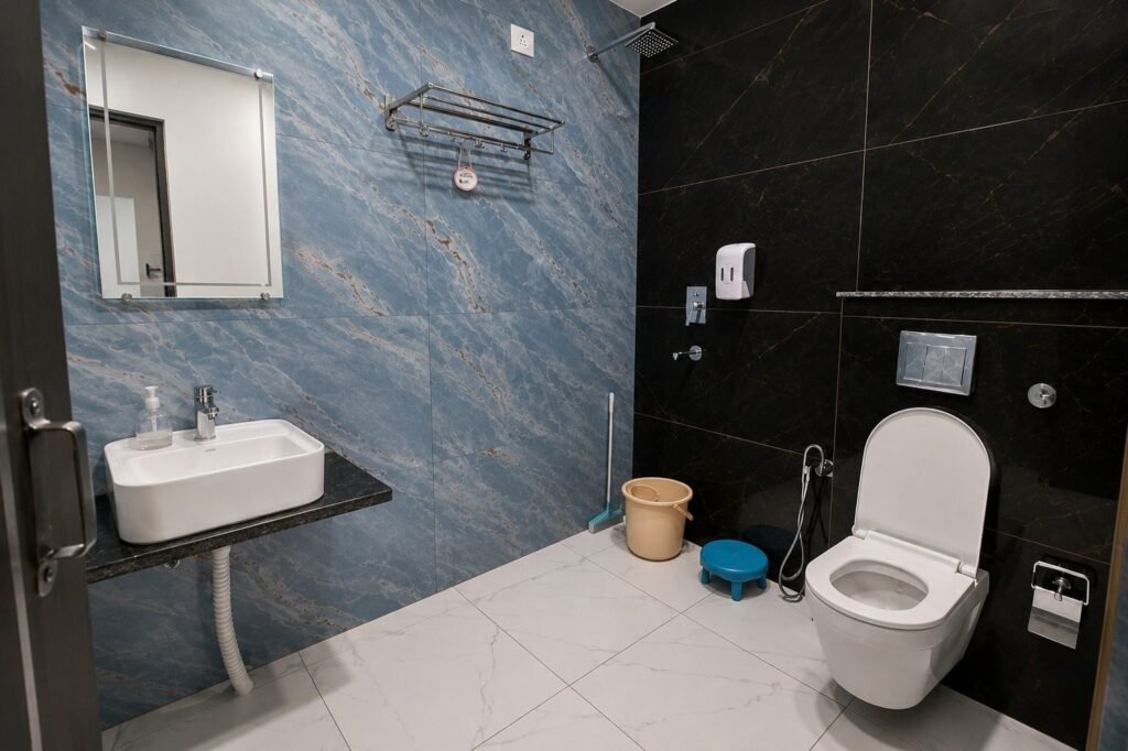 Modern stone-tiled bathroom at Hotel Kedar Inn by Around Stays