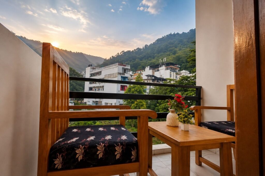 Green hill view from the balcony at Hotel Kedar Inn by Around Stays