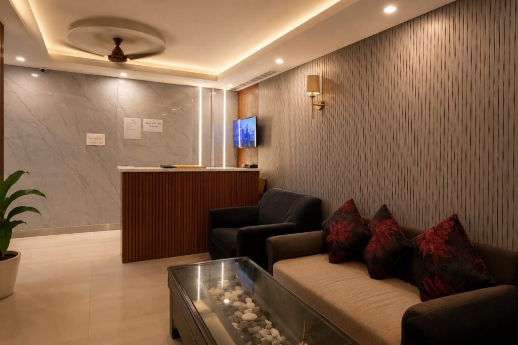 Lobby lounge and reception at Hotel Kedar Inn by Around Stays