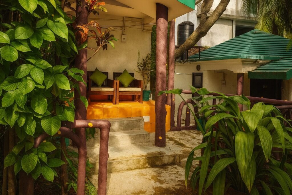 Leafy garden seating nook under a wooden pergola at Oslo Green by Around Stays