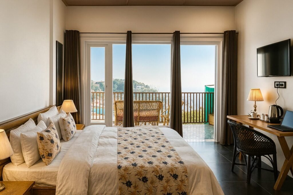Room with glass doors opening to a mountain-view balcony at Oslo Mussoorie by Around Stays