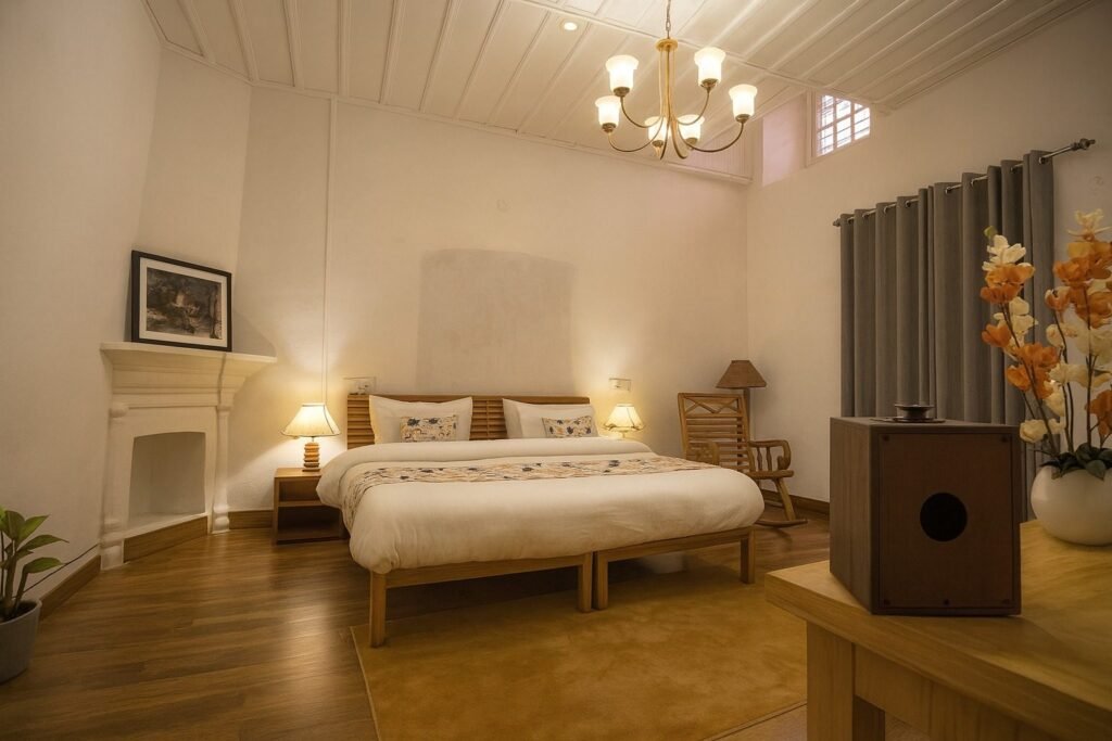Spacious room with fireplace and chandelier at Oslo Mussoorie by Around Stays