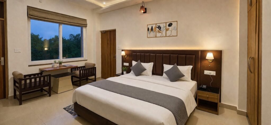 Deluxe room with wooden panelling at Rishikesh Heritage Resort by Around Stays
