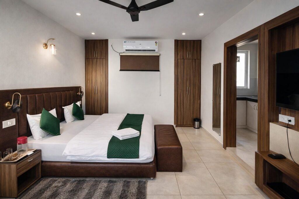 Double room with green accents at Rishikesh Heritage Resort by Around Stays