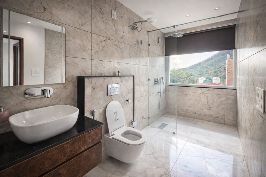 Marble bathroom with vessel basin at Rishikesh Heritage Resort by Around Stays