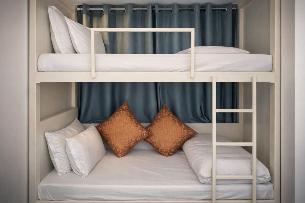 Dorm bunk beds with privacy curtains at Rising Hills by Around Stays