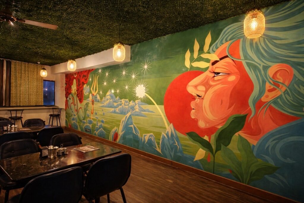 Cafe and common area with a colourful Shiva mural at Rising Hills by Around Stays