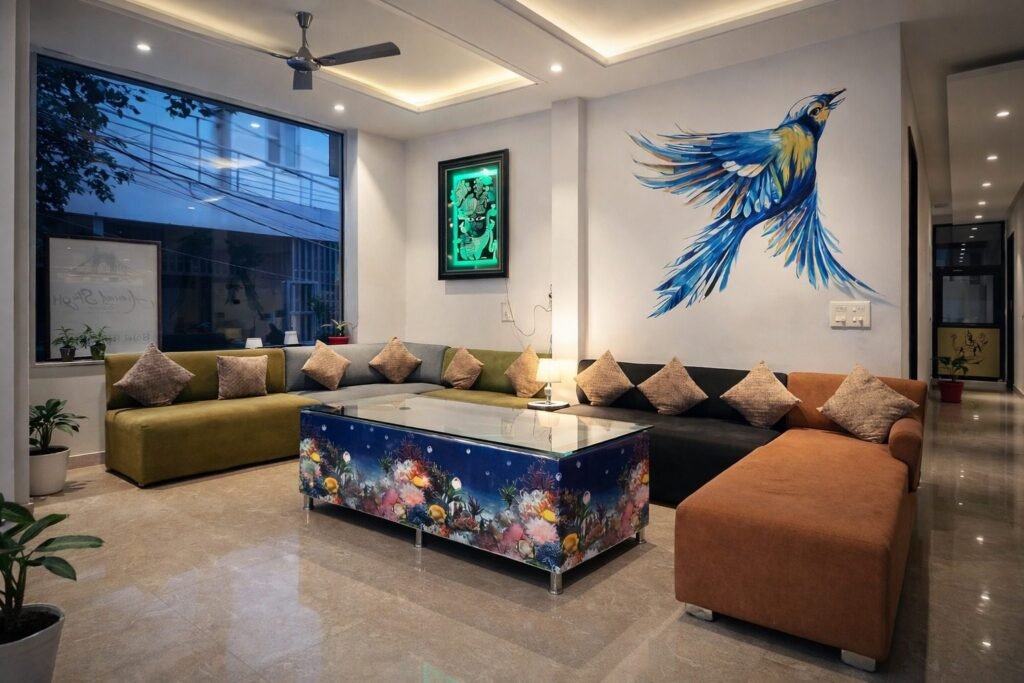 Lounge with sofas and wall art at Rising Hills by Around Stays