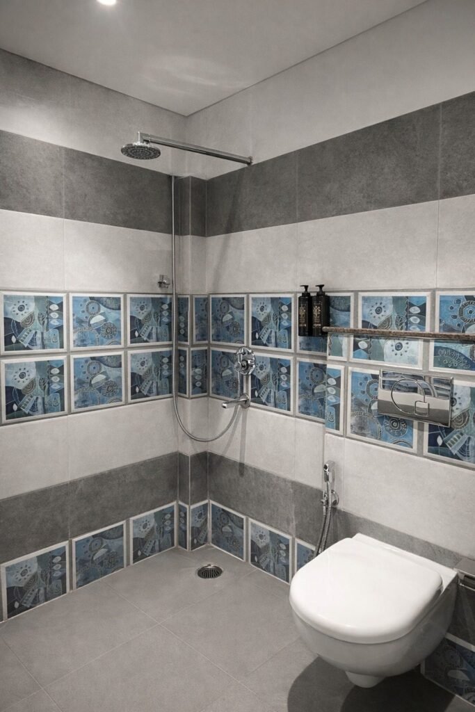 Modern bathroom with patterned tiles at Rising Hills by Around Stays