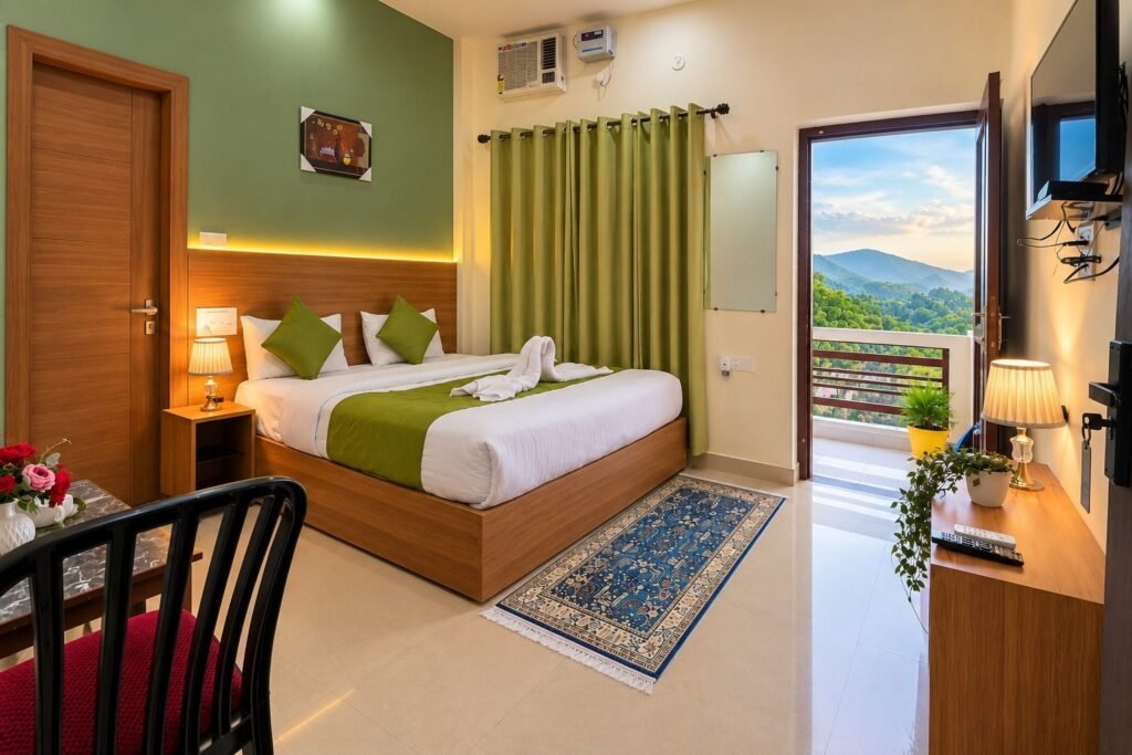 Room opening to a mountain-view balcony at Tapovan Retreat by Around Stays