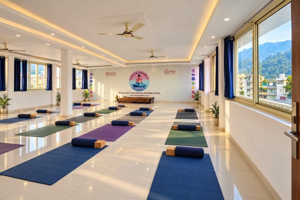 Yoga hall with mats laid out at Tapovan Retreat by Around Stays