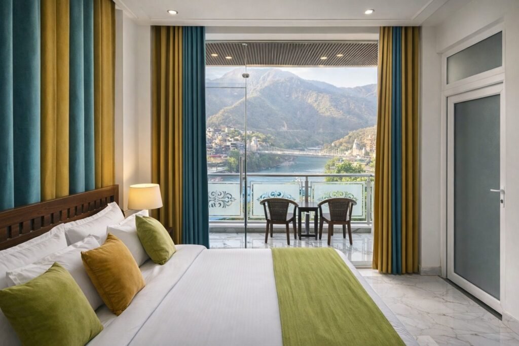 Room with a balcony overlooking the river and hills at The Great Garuda by Around Stays
