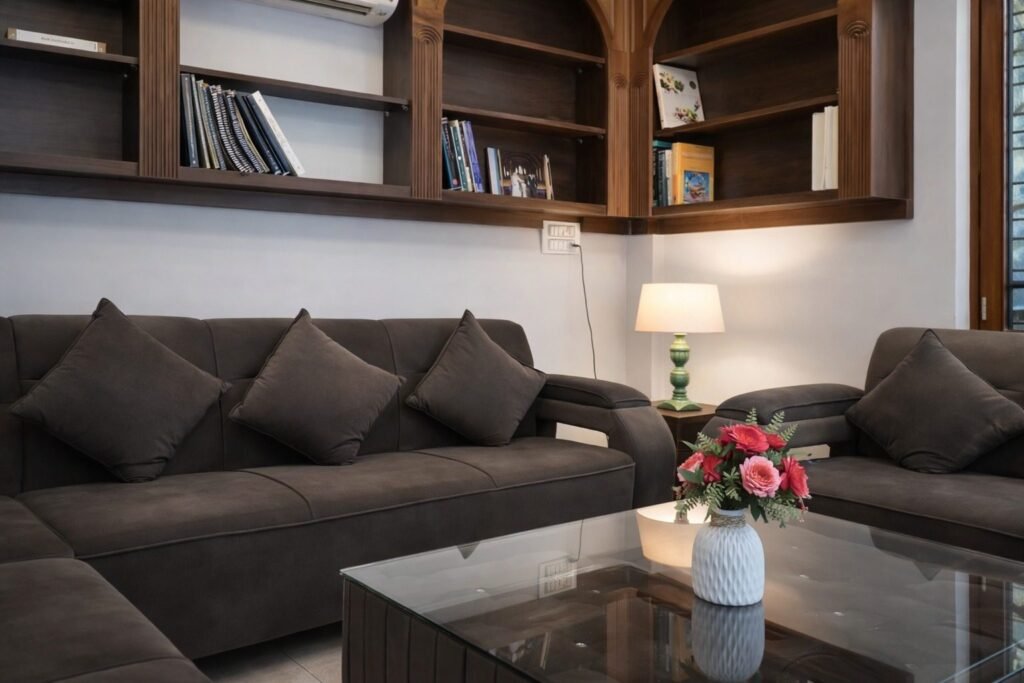 Lounge with sofas and bookshelves at The Great Garuda by Around Stays