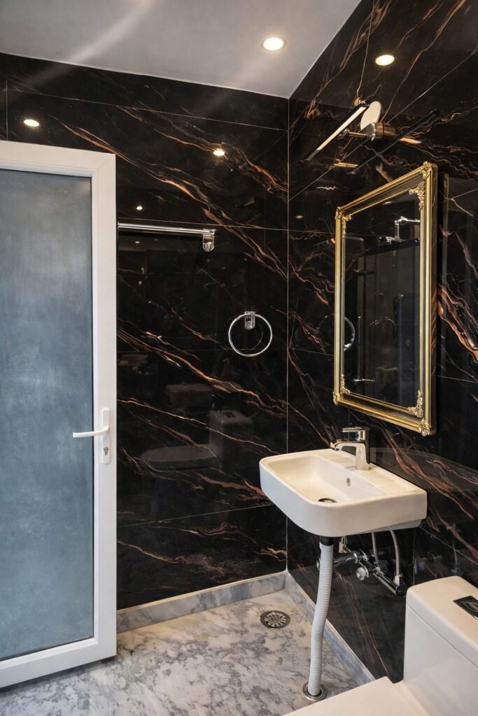 Black-marble bathroom with glass shower at The Great Garuda by Around Stays